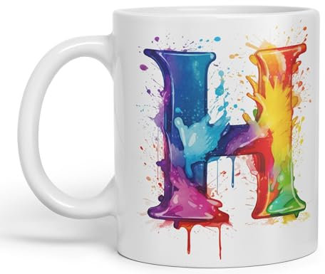 Vixar Letter H Mug, Alphabet Letter H Monogram Watercolour Ceramic Coloured Mug Cup for Tea Coffee Hot Brew 330ml 11Oz Gift (White)