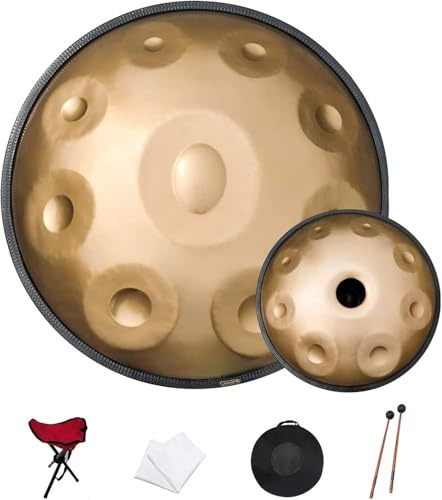 Golden Handpan Drum Percussion, Hand Pan Steel Drum 17 Noten 22 Zoll 440 Hz in d-Moll mit weichem Handpan-Etui, langlebiger Handpan-Ständer