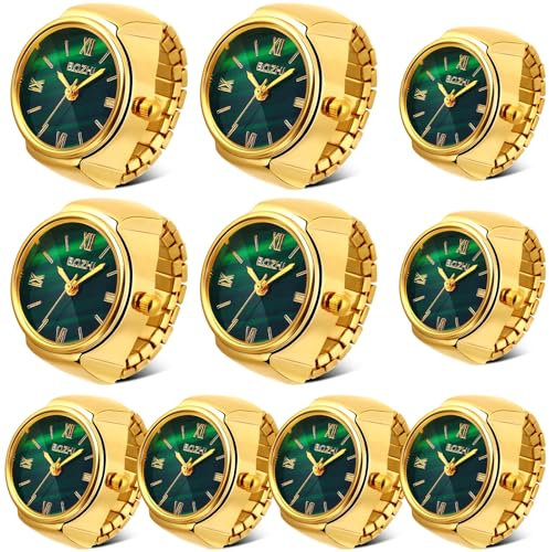 Landical 10-teiliges Fingeruhren-Set, verstellbare Ringuhr für Damen und Herren, kreativ, elastisch, rund, Quarzuhrring, Grün / goldfarben, Normal, Modern