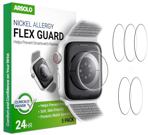 Arsolo Flex Guard Nickel-Metall-Allergie-Rückenschutz für Apple Watch [44/45 mm], verhindert Hautausschlag, Kontaktdermatitis, weiche Folie, Sensorschutz, Rückabdeckung für iWatch 44 mm/45 mm, 5 Stück