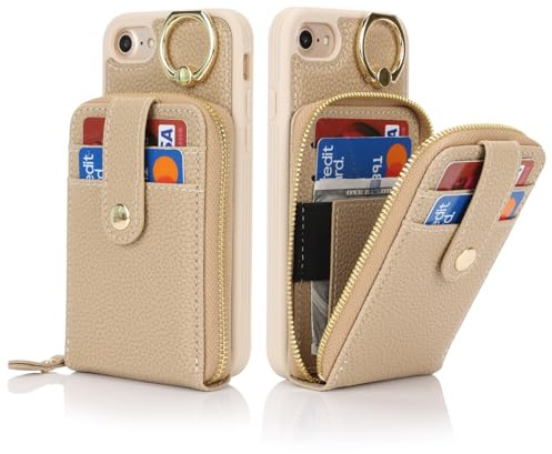 SailorTech iPhone 7/8 Case Ring Stand with Credit Card Holder for Women, iPhone SE 2020/SE 2022 Leather Case Wallet with Credit Card Slots Zipper Case for iPhone 7/8/SE2/SE3-Beige
