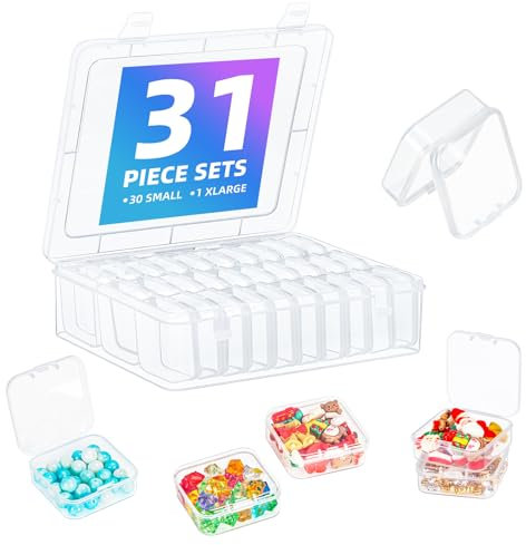 MUUKAIII Kleine Aufbewahrungsboxen (5,5x5,5x2cm), 30 Stück Mini Transparent Aufbewahrungsbox Behälter und 1 Groß Aufbewahrungsbox für Pillen, Schmuck, Zubehör, Nähwerkzeugen, Bastelartikel, Kleinteile