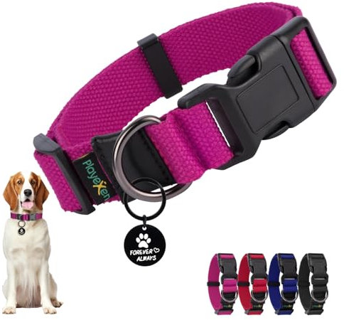 Collare Cane, Collare Regolabili in Morbido Cotone per Cani & Gatto Taglia Piccola Media Grande, Collari per Cane Personalizzato con Medaglietta Rimovibile, 35-50/2,5cm (M), Rosa