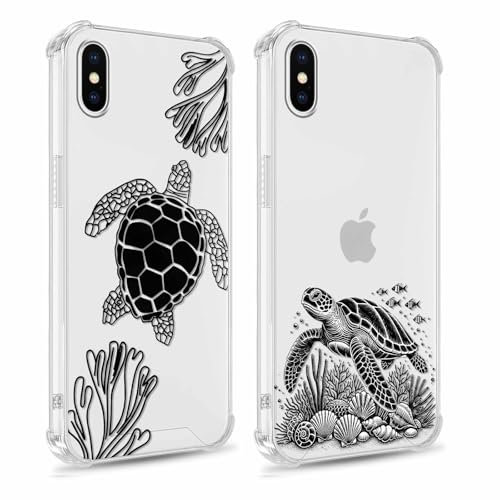 Yomjew 2 Pack Cute Grey Turtle Phone Case for iPhone X/XS 5.8, Cartoon Animal Aesthetic Design Clear Cases Soft Slim Silicone TPU Shockproof Protective Fundas for Girls Women Men