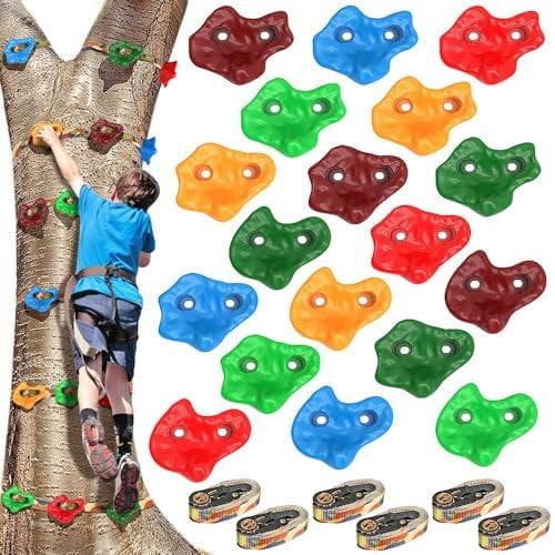 BeneLabel Klettergriffe für Kinder, 18pcs Felswand Klettersteine Erwachsene Kletterwand Große Bunte Steine mit 6 Ratschengurte für Indoor Outdoor Klettergarten Baumhaus Spielplatz Ninja Krieger