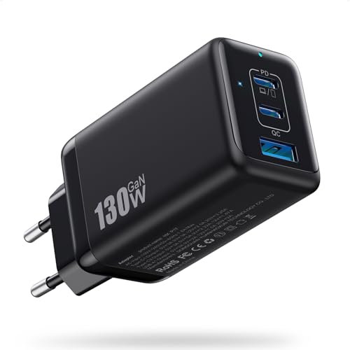 USB C Ladegerät 130W, 3-Port GaN III Tech USB C Netzteil, 65W PD Schnellladegerät Mehrfach Ladegerät USB Power Adapter für MacBook Pro/Air, iPad, iPhone 16/16 Pro, Dell XPS 13 usw (Schwarz)