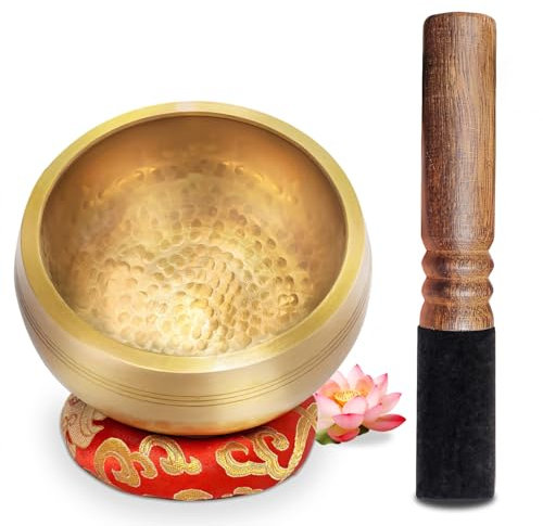 Vexloria Singing Bowl Set, 5.23in Handmade Tibetan Large Sound Bowl,Singing Bowl Set with Leather Clapper, Accessories for Relaxation, Yoga, Chakra, Meditation (gold)