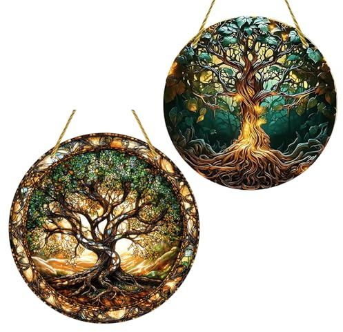 HWOLPEMS Baum des Lebens gebeiztes Acryl-Fensterpaneel, 2 Stück, Art-Deco-Natur-Hängeornament für Schlafzimmer, Veranda, Büro, Garten