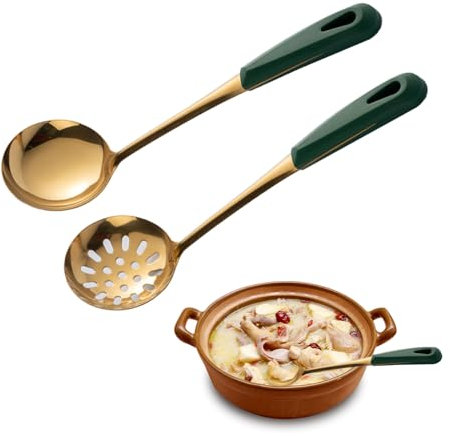 Cucharon,Minging 4 Piezas Cucharón de Sopa de Acero Inoxidable 304 y Cuchara Ranurada Cucharones Utensilios de Cocina Acero Inoxidable Cucharón Largo con Mango y Ergonómico para Servir Sopas y Guisos