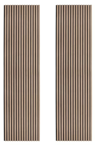 Acoustic Slat Wall Panels x 2 Light Walnut Luxury 3D Wood Veneer Modern Feature Slatted Panelling Interior Wall or Ceiling 2400mm x 600mm Felt Backing Sound Absorbing Easy Installation Fixing Kit