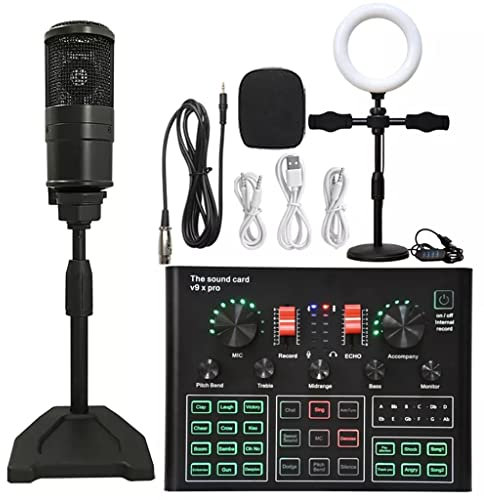 Micrófono de Condensador de Estudio Profesional, Juego de micrófono con Tarjeta de Sonido en Vivo, inalámbrico Bluetooth, LED-K20 Negro