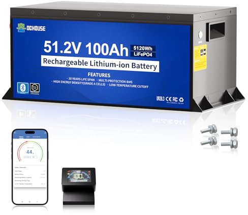 DCHOUSE 48V 100Ah Lithium Batterie im Metallgehäuse für Golfwagen, RV | 200A BMS, 670A Spitzenstrom, Bluetooth über Mobile App und LCD Display