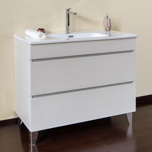 Yellowshop | Mobile Bagno Musa 100 cm - Composizione Completa con Lavabo Ceramica e 2 cassetti con Guida Soft-Close - Finitura Frassino Moirè (Mobile con Lavabo)