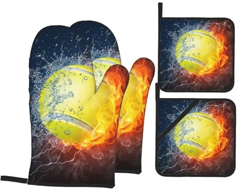 Pallina da tennis nel fuoco e nell'acqua, set di 4 presine e guanti da forno, presine resistenti al calore