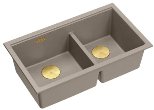 QUADRON Spülbecken, 2 Beckenspüle Granitspüle Küche | Größe 78 x 50 x 23,5 cm Farbe: Soft Taupe & Golden Pvd | LOGAN 120 | Granit Spül mit Siphon | 2-Kammer-Spülbecken Schrankunterbau ab 80 cm