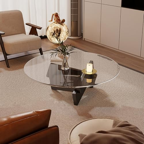 Qiydia Mesa de centro moderna de mediados de siglo, mesa central redonda de cristal con base de madera maciza, mesa de cóctel circular contemporánea para sala de estar, espacio pequeño (27 x 27 x 12