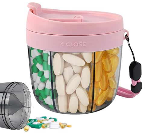 Tablettenbox 7 Tage, Rund Medikamentenbox mit 7 Großen Fächern & Breiter Öffnung, Pillenspender mit Anti-Misch-Design, Tragbare Medikamentenbox für Vitamine, Fischöl, Medikamente (Rosa)