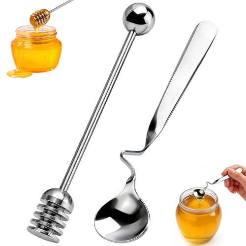 HZOUHONG 2 Stück Honiglöffel, Marmeladenlöffel Edelstahl, Marmeladenlöffel zum Einhängen, Honey Dipper Sticks, Honig Löffel mit Spirale, Rührlöffel für Marmelade, Joghurt, Sirup, Melasse