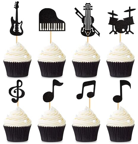 Blumomon 24 Stück Glitzer Musik Torten Deko Musikinstrument Cupcake Topper Gitarre Klavier Violine Schlagzeug Kuchen Dekor Picks für Geburtstagsfeier Baby Shower Hochzeit Dekoration Zubehör
