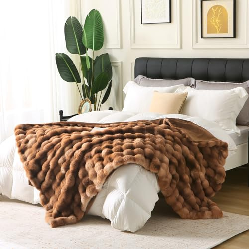 DREAMLANDING Kunstkaninchenfell Luxus Plüsch Sherpa Überwurfdecke Reversibel Flauschig Warm Kuschelig Flauschige Felldecke für Bett, Sofa, Couch und Heimdekoration (Braun, 150 x 200 cm)