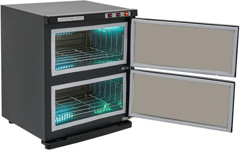 MELAQULY Scaldasalviette, asciugamano elettrico a 2 livelli, 50 l, scaldasalviette, armadietto con sterilizzatore UV, per hotel, barbiere, massaggi, spa (nero)