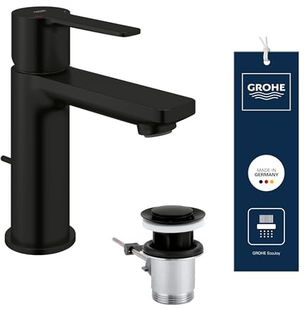 GROHE Lineare, Waschtischarmatur, wassersparend (Wasserhahn für das Bad, Badarmatur mit Zugstangen-Ablauf, 16cm hoch, einfache Installation am Waschbecken), mattschwarz, 321092431