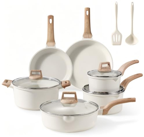 CAROTE 12-Piece Nonstick Pots and Pans Set with Lids&Utensils(Cream White | Marble-Effect Coating,Suitable for All Hob,Heat-Resistant Handle, PFOS & PFOA Free,