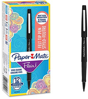 Paper Mate Flair Felt Tip Pens | Medium Point (0.7 mm) Writing Pens | Black Pens | For Writing, Drawing & Sketching | 12 Count