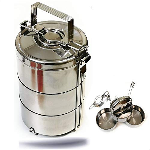 Kerafactum Essenträger Edelstahl Etagen Behälter Transportbehälter mit 1,8 Liter Volumen 3 Box für Essen ideal als Indian Lunchbox Speisenbehälter zum Warmhalten Wärmebehälter Henkelmann
