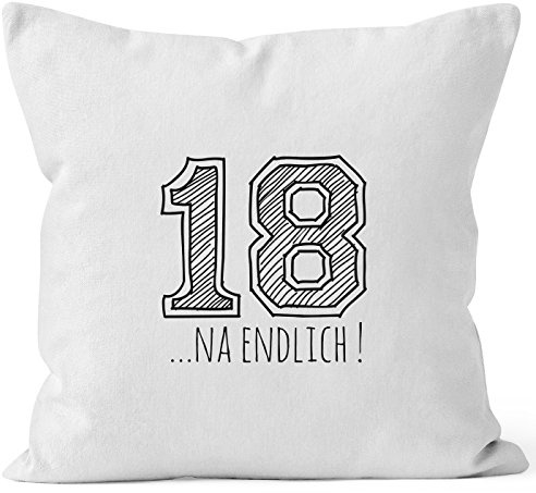 MoonWorks Kissenbezug Geschenk Geburtstag 18... NA endlich College Sketch Kissen-Hülle Deko-Kissen Baumwolle Weiss 40cm x 40cm