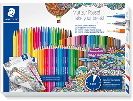 STAEDTLER 61 CB-1MZP Kreativset Mut zur Pause (ergonomischer Dreikantschaft, Kartonetui mit Buntstiften, Finelinern und Fasermalern inklusive 40 Malvorlagen in DIN A4 und DIN A6 zum Ausmalen)