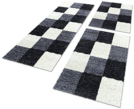 HomebyHome Bettumrandung Schlafzimmer 3 teilig Teppich Schwarz - Waschbarer Bettumrandung Teppich Läufer Set Extra Flauschig Bettvorleger Schlafzimmer Bettset:2 St. 80x150 cm | 1 St. 80x250 cm