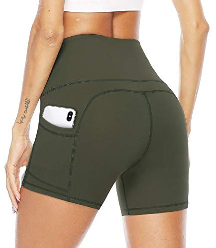 JOYSPELS Kurze Sporthose Damen Leggins Kurz Radlerhose Blickdicht High Waist mit Taschen Sommer Yogahose für Training Gym Yoga Fitness Grün L