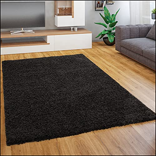 Paco Home Teppich Wohnzimmer Schlafzimmer Hochflor Shaggy Flokati Optik Einfarbiges Design Weich Flauschig Moderne Deko, Grösse:80x150 cm, Farbe:Schwarz