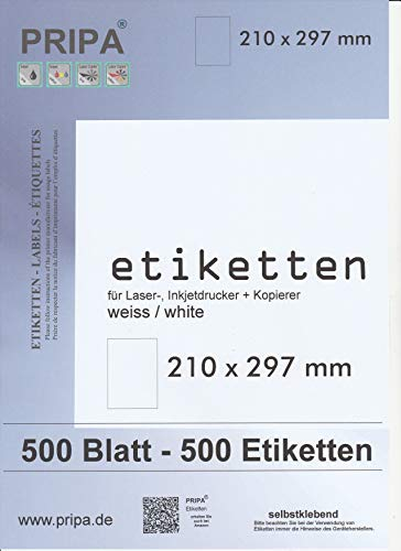 pripa 500 Etiketten 210 x 297 mm A4 Großpackung vollflächig selbstklebend weiß - allround Qualität … (500)