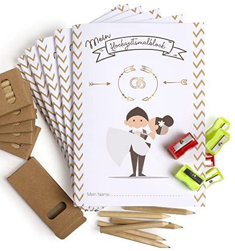 WeddingTree 6x Hochzeitsmalbuch Kinder - Malbuch Hochzeit für Kinder mit Buntstifte und Anspitzer – Gastgeschenke Hochzeit - Hochzeit Malbuch Kinder