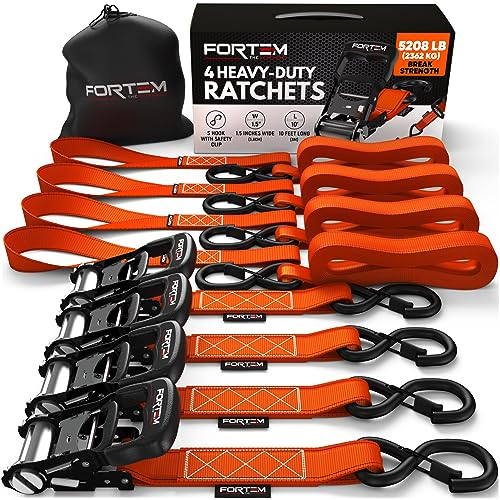 FORTEM Spanngurte - 2041 kg Bruchfestigkeit, 4 x 4,57 m Mit Ratsche - 4 Weiche Zurrschlaufen, Zurrgurte Mit Haken Aus Beschichtetem Metall - Gummigriffe - Tasche (Orange)