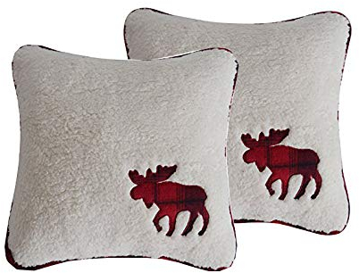 DAWEIMOP Gireshome Set mit 2 Stück Promotion Chunky Sherpa mit karierten Elch-Applikationen, Sofakissenbezug, 45,7 x 45,7 cm, 45 x 45 cm