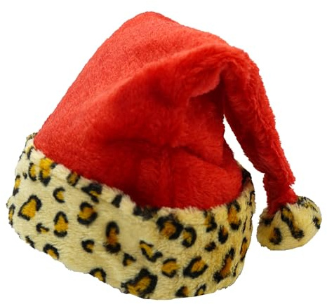 Nikolaus-Weihnachtsmütze Plüsch, Accessoire (rot mit Leoparden Borde) | Die Leopardenborde bricht den klassischen Santa-Look bewusst auf und setzt einen auffälligen Tiermuster-Akzent.