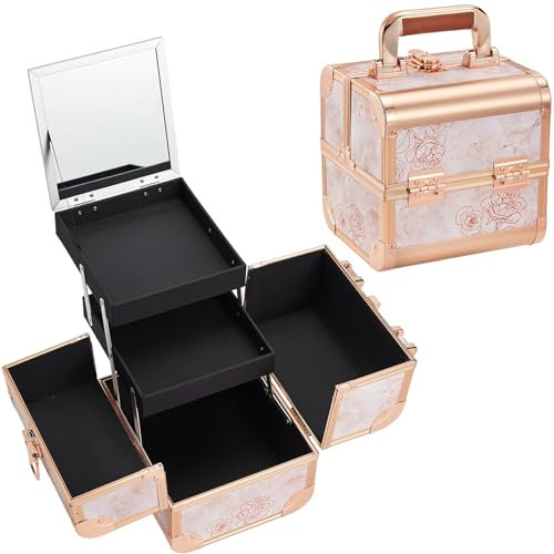 Costravio Makeup Box Train Case with Mirror Travel Organizer Cosmetic Jewelry Storage Box with 2-Tier Tackle Trays Light-weight Portable Lockable Makeup Organizer Box, Rose Gold, Rose Gold Makeup Box