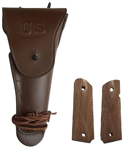 Warcraft Exports US WW2 .45 Dark Brown Hip M1911 Colt Pistol Leather Hip Holster mit M1911 / 1911 .45 Walnut Wood Pistolengriffen - Reproduktion (Combo)