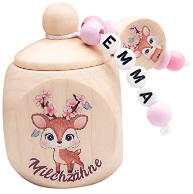 Zahndose Milchzähne Mädchen REH rosa Blumenkranz Milchzahndose personalisiert mit Namen Holz Zahnbox als Aufbewahrung der Zähnchen Geschenk der Zahnfee