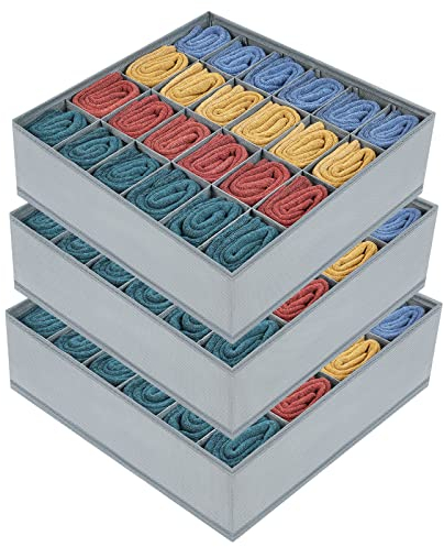Homsorout Drawer Organiser Sock Storage - 24 cells Foldable Drawer Dividers Fabric Wardrobe Storage Organiser for Socks, Lingerie, Handkerchiefs, Ties, Set of 3 (Grey)