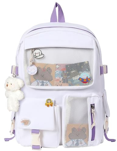 HORHEAR Rucksack Kawaii mit niedlichen Pin Zubehör, Kawaii Plüsch Spielzeug Tier Pin und Cartoon Karte, Kawaii Backpack, Schulrucksack(Style1-Weiß)