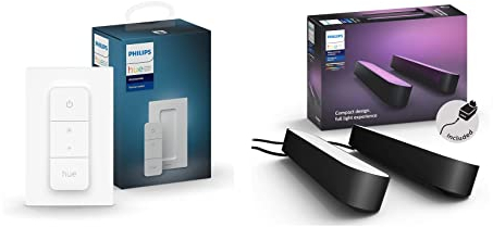 Philips Hue Dimmschalter | Zubehör für Ihr System | kabelloses Dimmen ohne Installation + White and Color Ambiance Play Lightbar 2-er Pack, schwarz