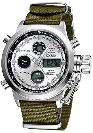 JewelryWe Uhren Herren Analog Digital Quarz Zwei Zeitzone Armbanduhr Nylon Tetxil Armband Uhr Sportuhr mit Leuchtend Zeiger, Alarm, Stoppuhr, Chronograph, Glockenspiel, Datum Tag Kalender Silber