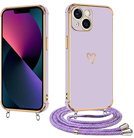 E-Lush Cover per iPhone 13 Mini con Cordino, Ultra Sottile Cuore Amore Elettrolitico Cover per Apple iPhone 13 Mini, Morbido TPU Silicone Custodia con Regolabile Collana Antiurto Protettiva Case Viola