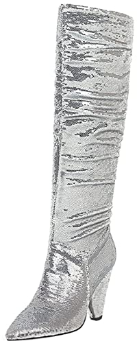 Lroey Reoly Stivali Alti da Donna con Tacco a Cono, Stivali da Sera Tacco Alto Appuntito Boots Senza Chiusura Paillettes 107 Argento Numero 42 EU
