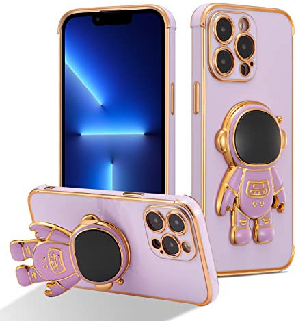 RALEAVO Compatible with iPhone 13 Pro (6.1) Case with Cute Astronaut Kickstand Design Shockproof Plating Phone Case for iPhone 13 Pro-Purple