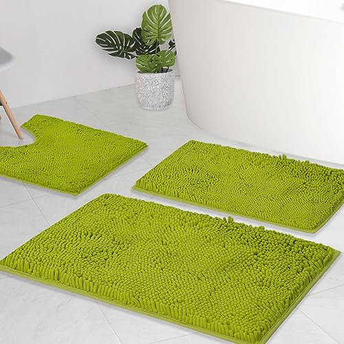 AINAHYVA Badezimmerteppiche Chenille Badematte 3-teiliges Set, super saugfähig, starke PVC-rutschfeste Unterseite, Plüsch, zottelig, dick, maschinenwaschbar, für Badewanne, Dusche, Toilette, Grün